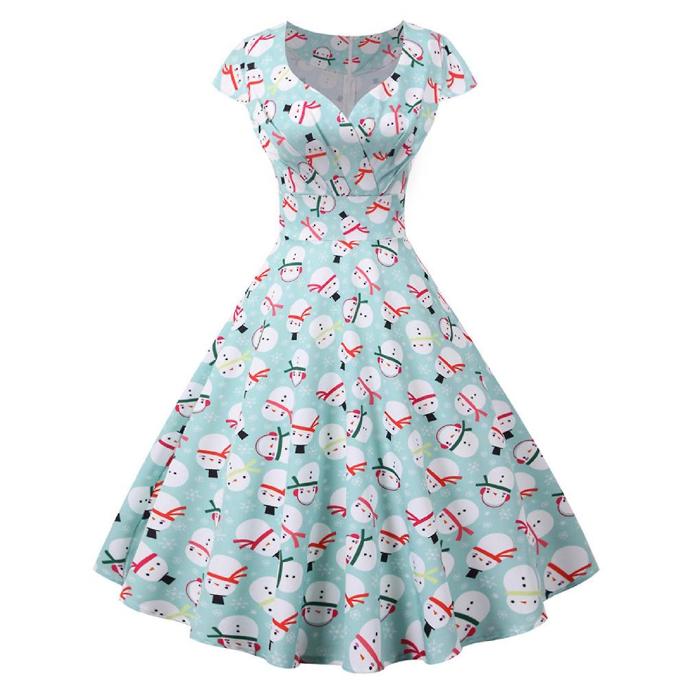 Vintage Christmas Printed V-Neck Short-Sleeved Dress All-match Breathable Dress Clothing for Theme Parties Online Outlet