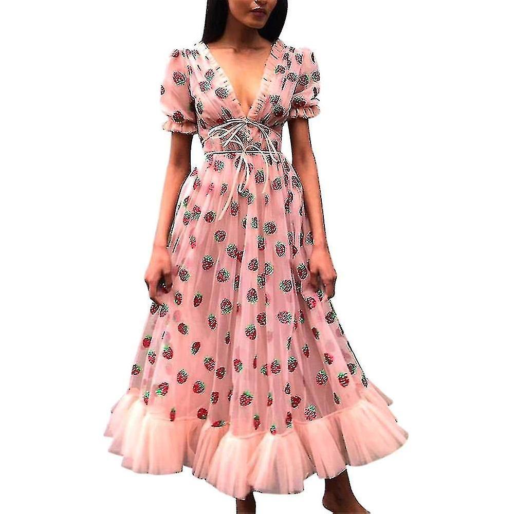 Moda donna Fragola Stampa Deep V Manica Corta Mesh Cocktail Party Dress Offerte stagionali