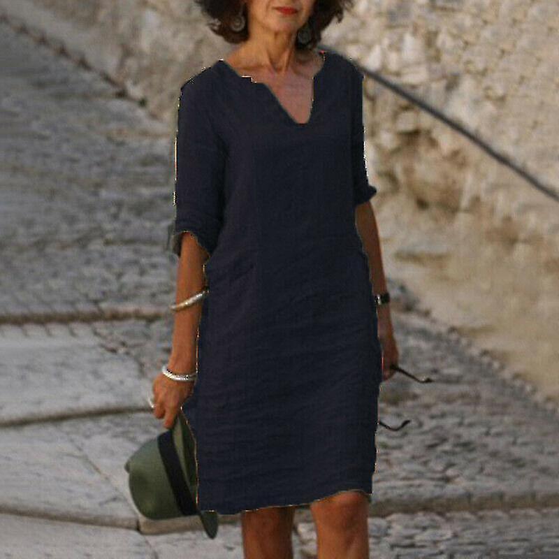 Donna manica corta cotone lino Midi Dress Ladies Solid V Neck Baggy Sundress-9 Comprane uno, ottenene uno gratis