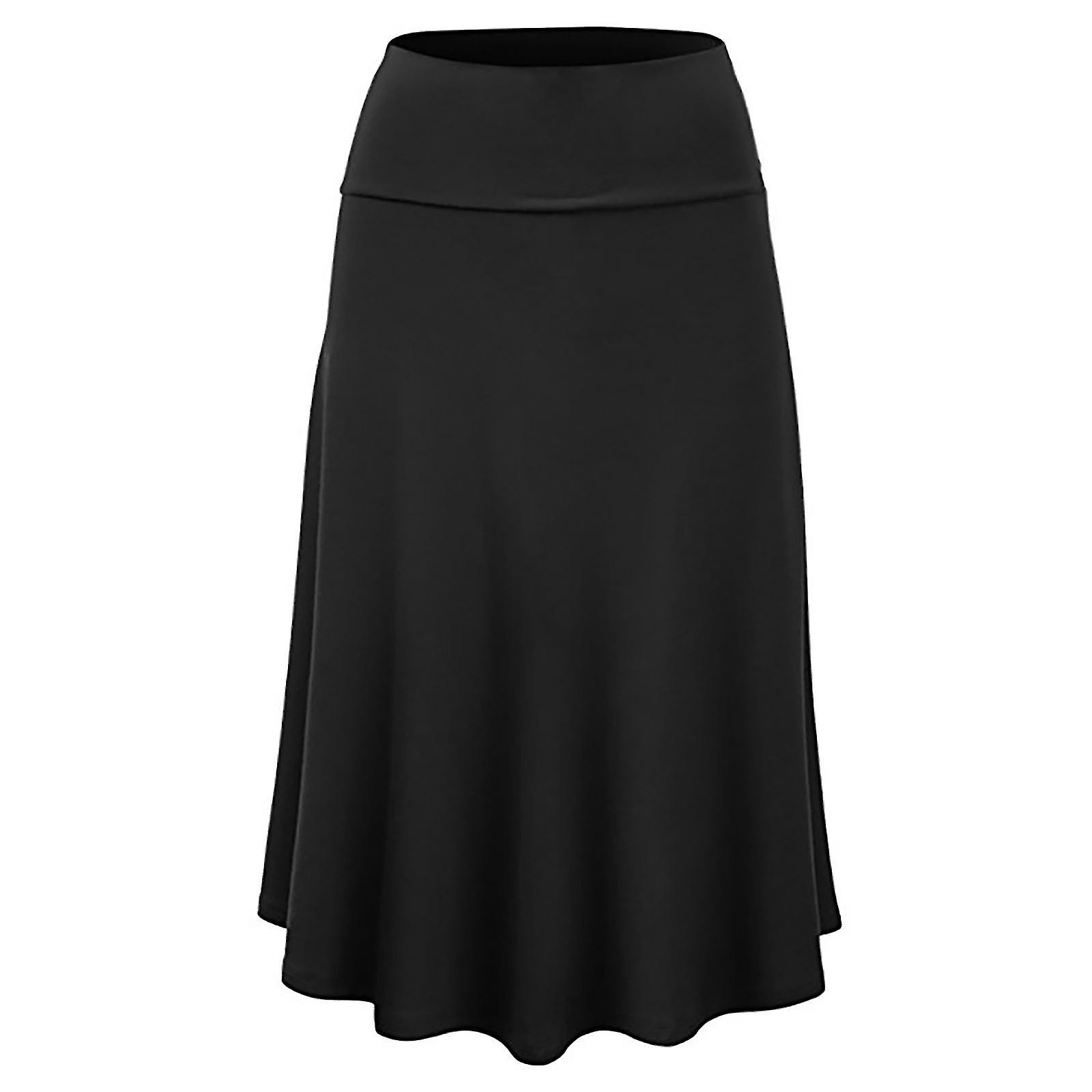 Solid Ombre Lightweight Flare Midi Pull On Closure Skirt S-xxxl Plus Size da donna|nero