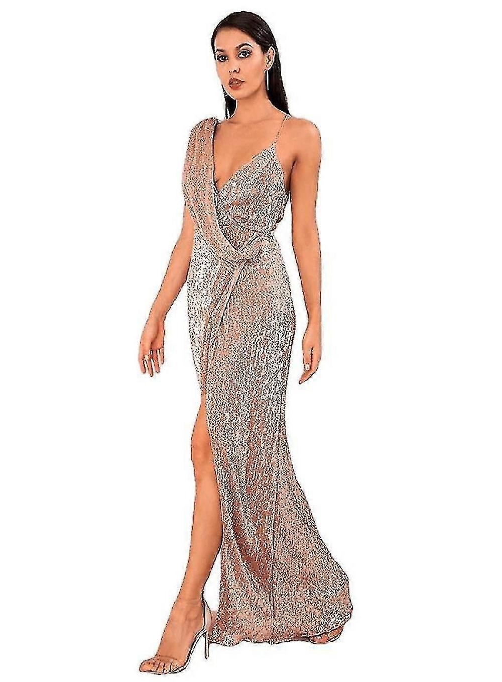 Sexy Oro Rosa Profondo Scollo a V Whit Split Paillettes Party Maxi Abito