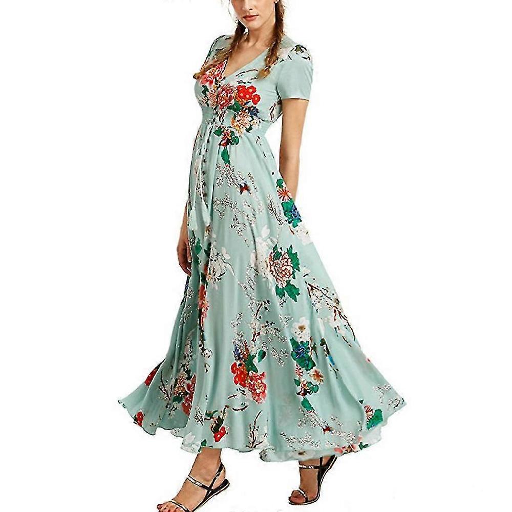 Donne Vacanze Cotone Scollo a V Bottone Su Coulisse Vita Maxi Lungo Fluente Abito Bo Ultimo giorno