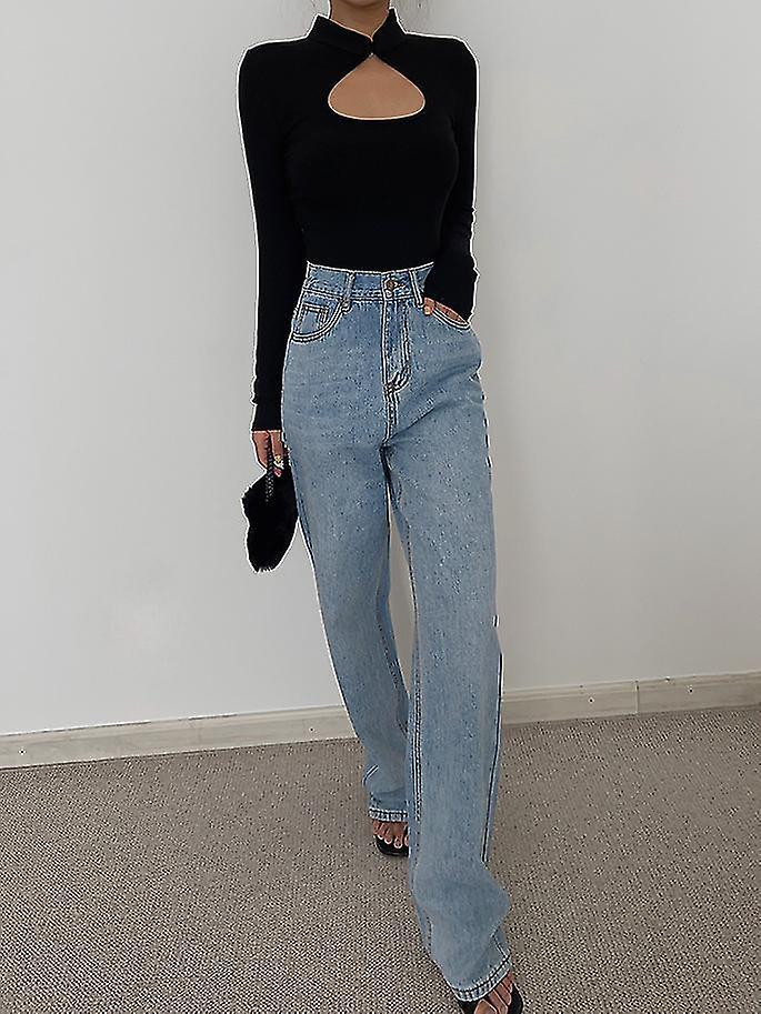 Yougang High Quality Deep Sea Blue High Waist Small Wide Leg Jeans Women's 2022 Autumn New Loose Straight Pants Online Outlet