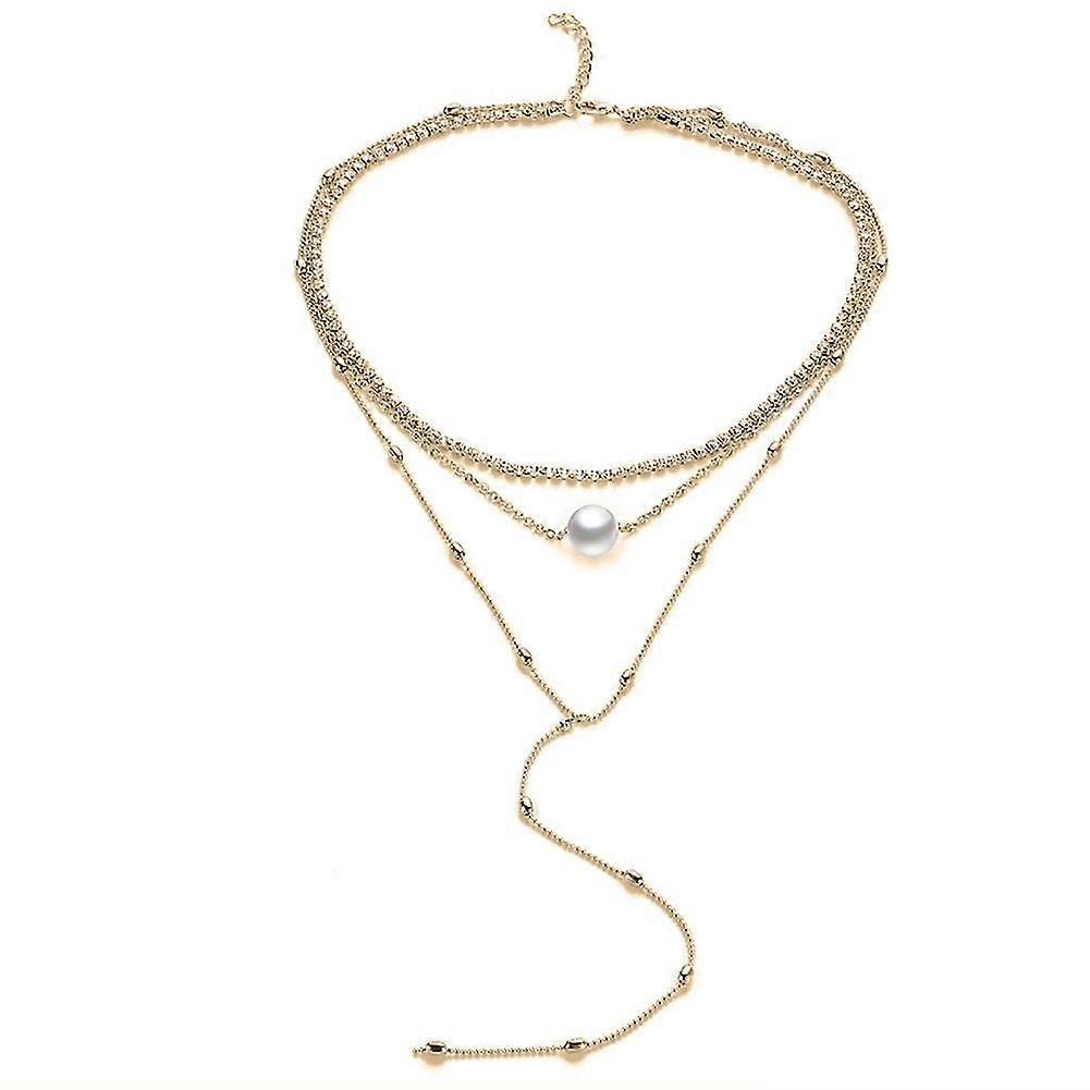 Fashion Rhinestone Choker Faux Pearl Women's Multilayer Chain Tassel Necklace Gold-Model code23329