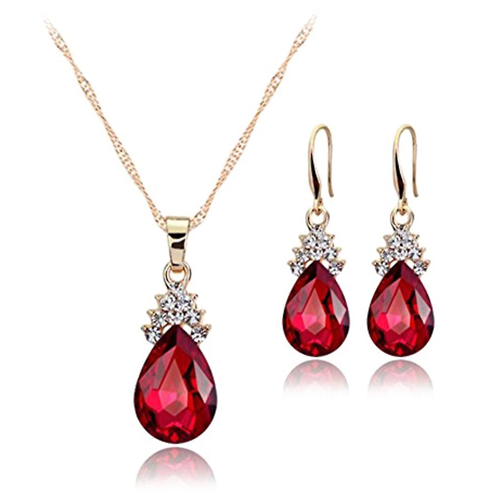 Necklace Earrings Diamond Water droplets Elegant Women Jewellery Set of Crystal Pendant Necklace+Earrings(red)