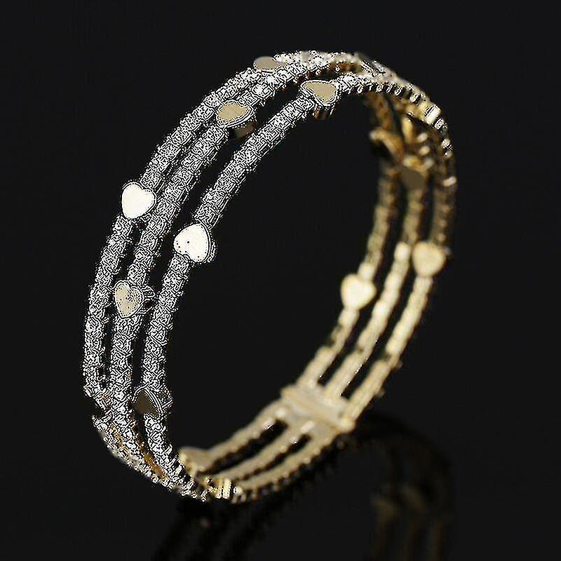Crystal Love Bracelet Rhinestone 3 Row Bracelet Golden Open Bracelet for Women Crystal Bracelet Party Gift Bride Wedding Jewelry